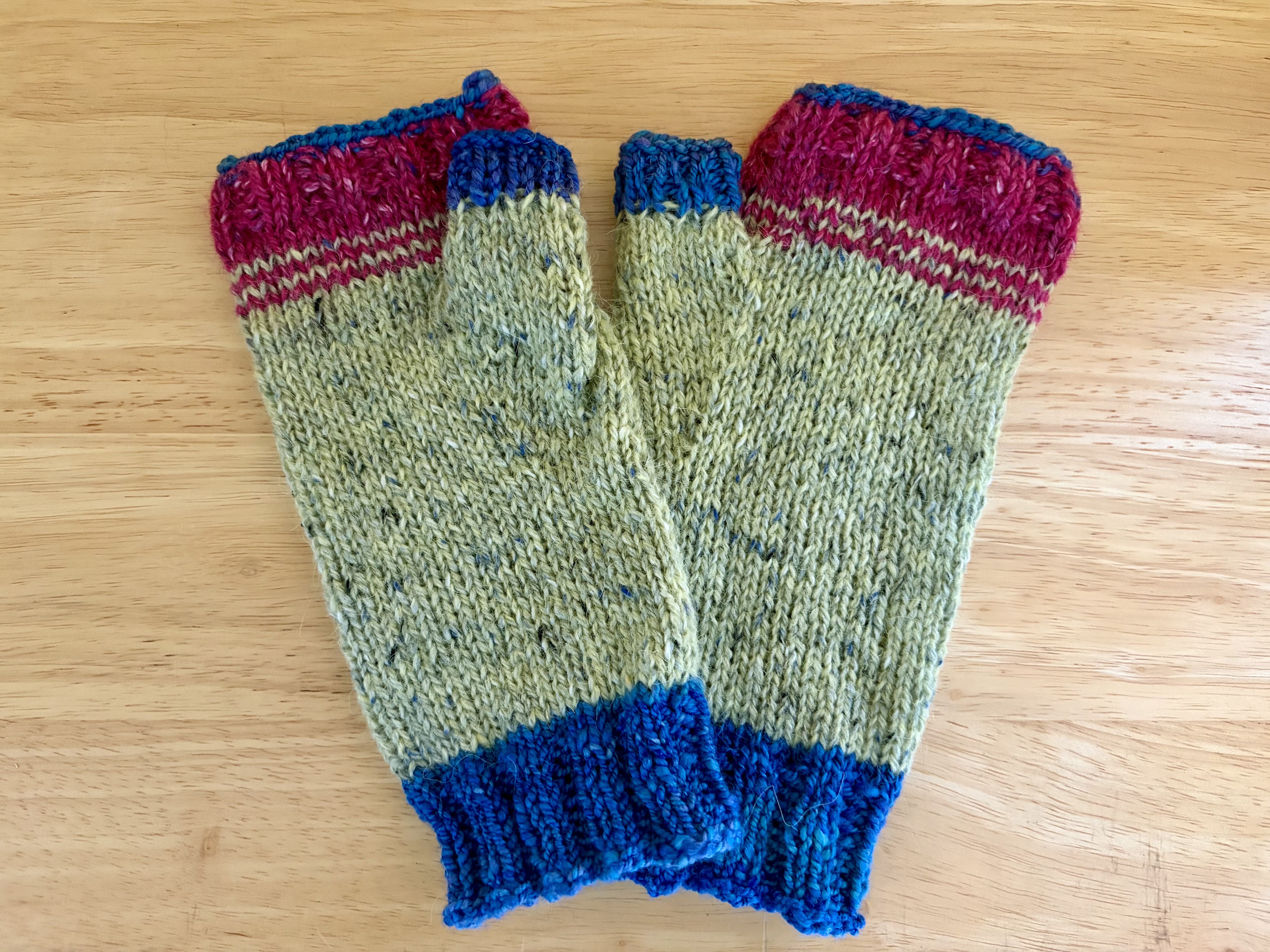 fingerless gloves with royal blue trim, lime green and magenta